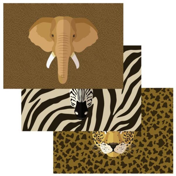 Drei Platzsets im Savannah-Motiv Elefant, Zebra und Leopard