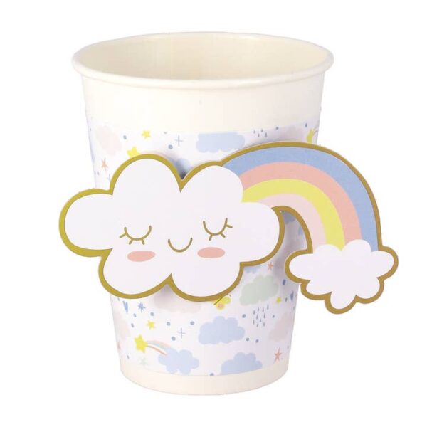 Recycelbarer Einhorn-Becher mit 3D-Papiermanschette in Wolken- und Regenbogenform